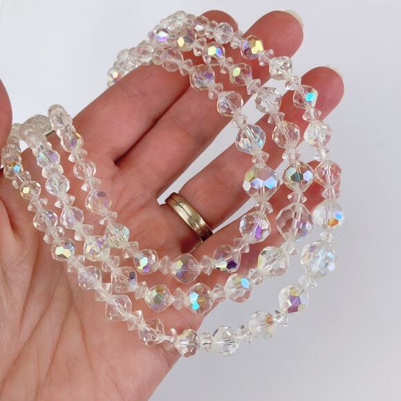 VTG Mid Century AB Crystal Triple Strand Necklace Aurora Borealis 1950s Bridal - Picture 3 of 12